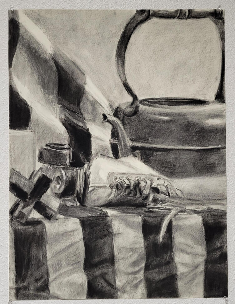 Skating, 2025, Charcoal on Paper Still Life, 18" x 24"