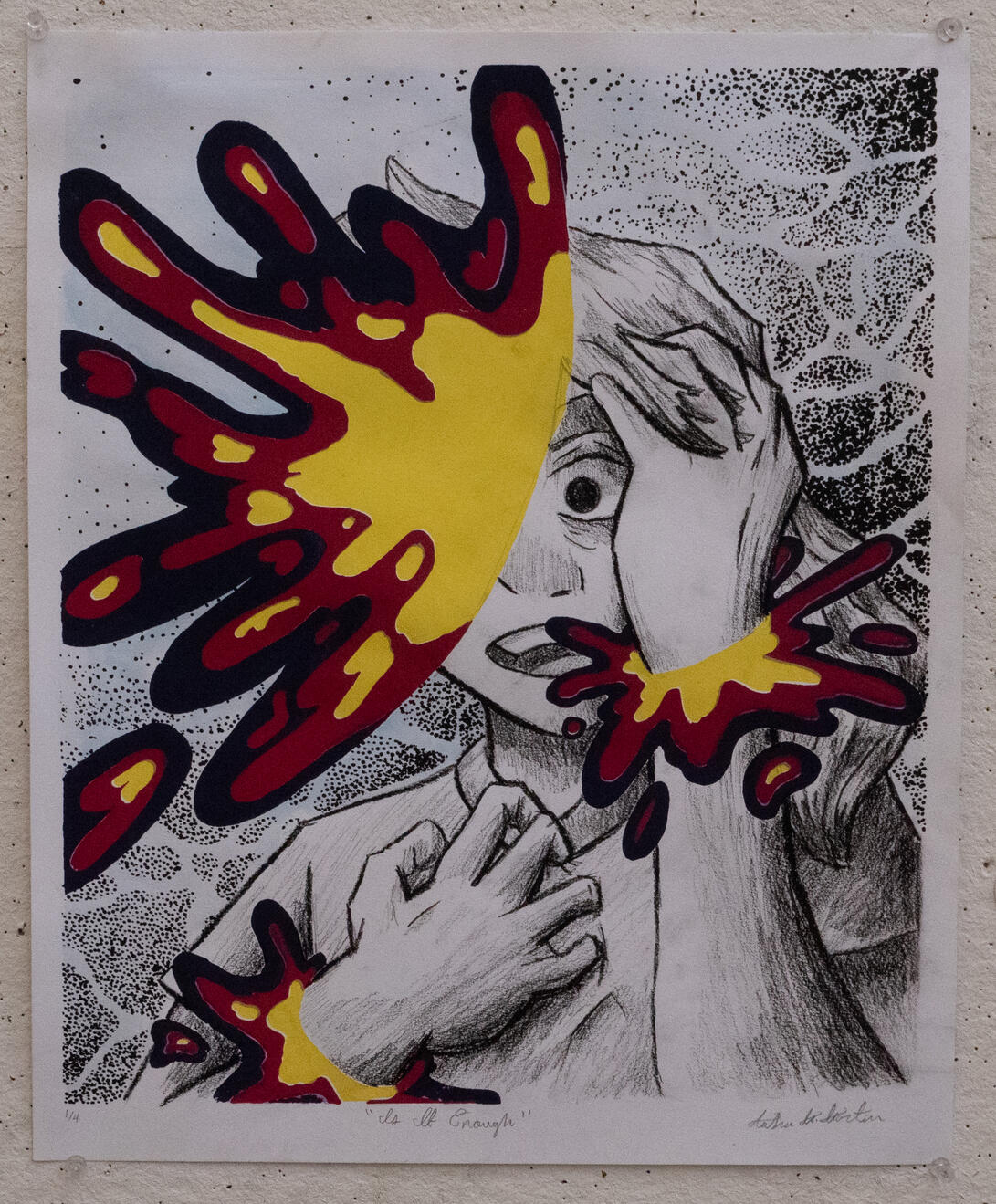 Is It Enough, 2025, Charcoal/Serigraph, 14” x 17”